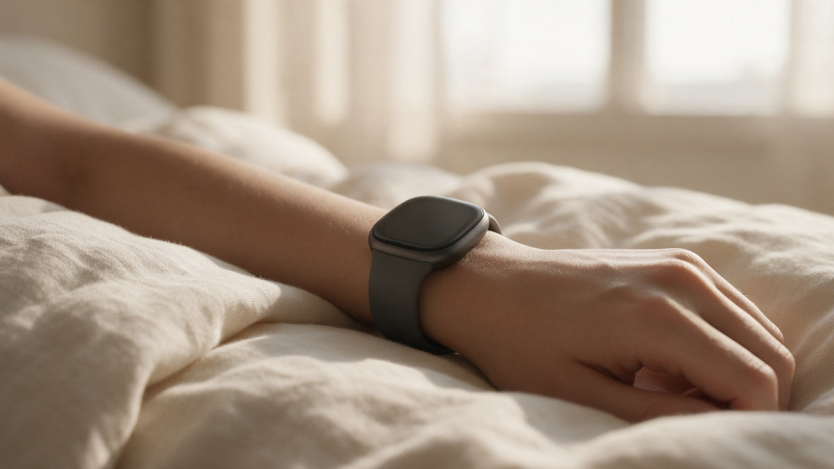 A wrist wearing a plain fitness watch resting on a cream linen duvet in soft morning light