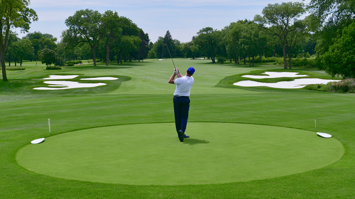 A golfer mid-swing on a tee surrounded by trees