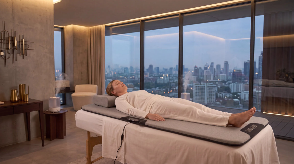 A Woojer MAT made up in a hotel spa suite overlooking a city skyline