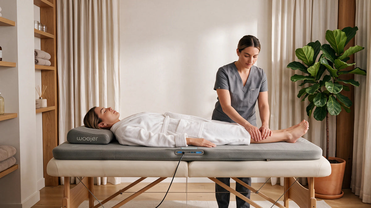 A practitioner working with a client resting on a Woojer MAT Pro