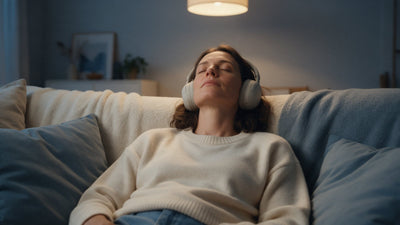 A woman in headphones leans back on a sofa with her eyes closed under a warm ceiling lamp, in a calm living room at dusk