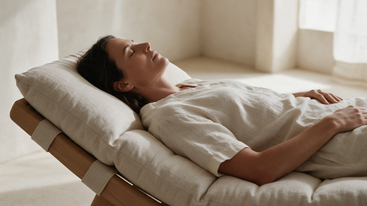 A woman lies on a cushioned wooden lounger with her eyes closed in a calm, cream-toned room