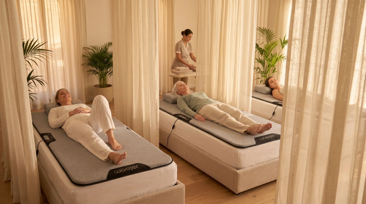 Two Woojer MAT beds in a curtained spa suite with a therapist