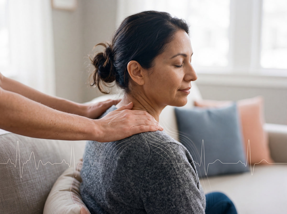 A woman with her eyes closed as hands rest gently on her shoulders