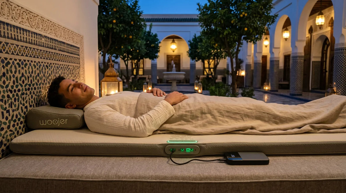 A guest resting on a Woojer MAT in a lantern-lit hotel courtyard