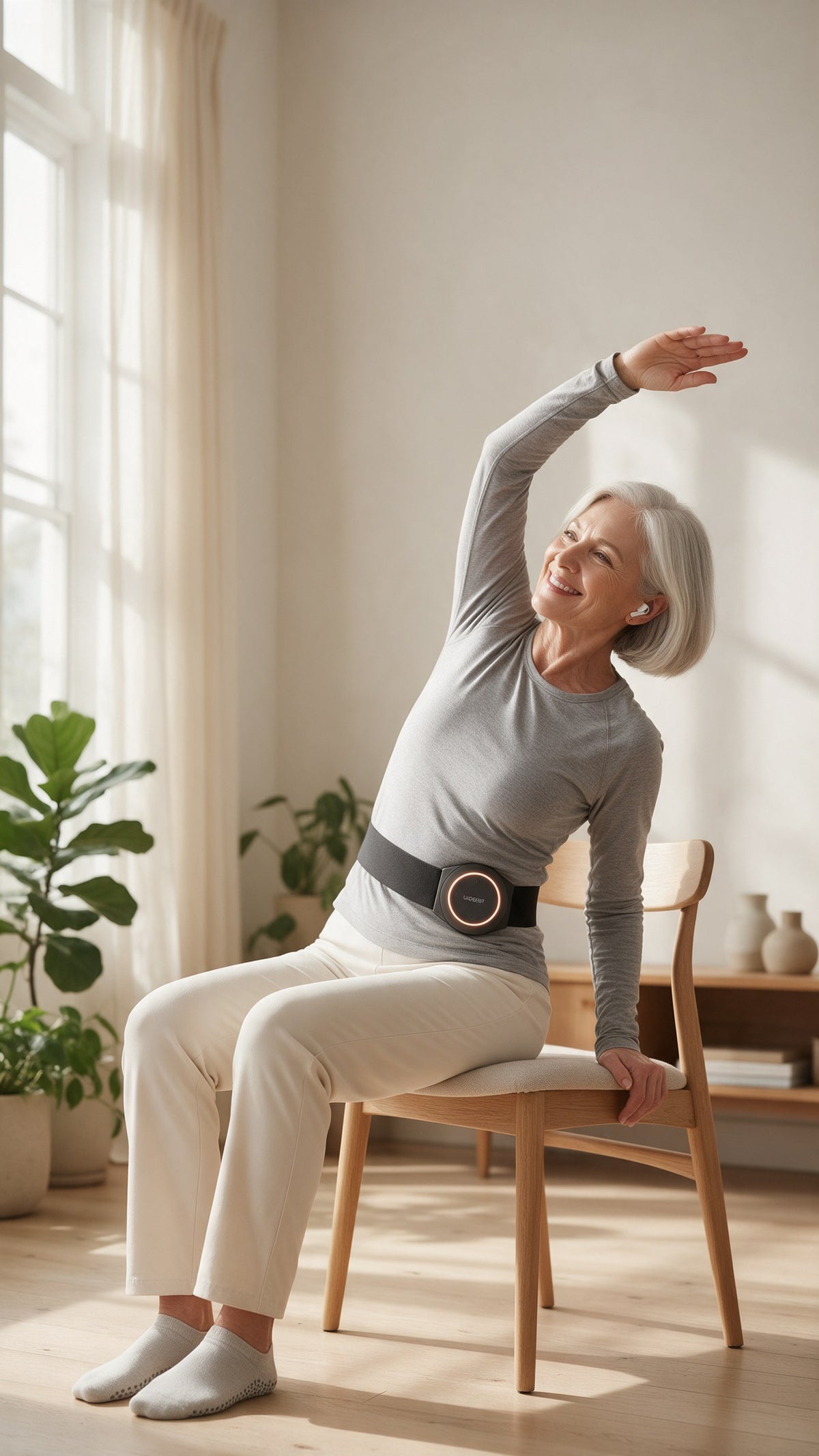A woman stretching on a chair by a window, wearing the Woojer Strap