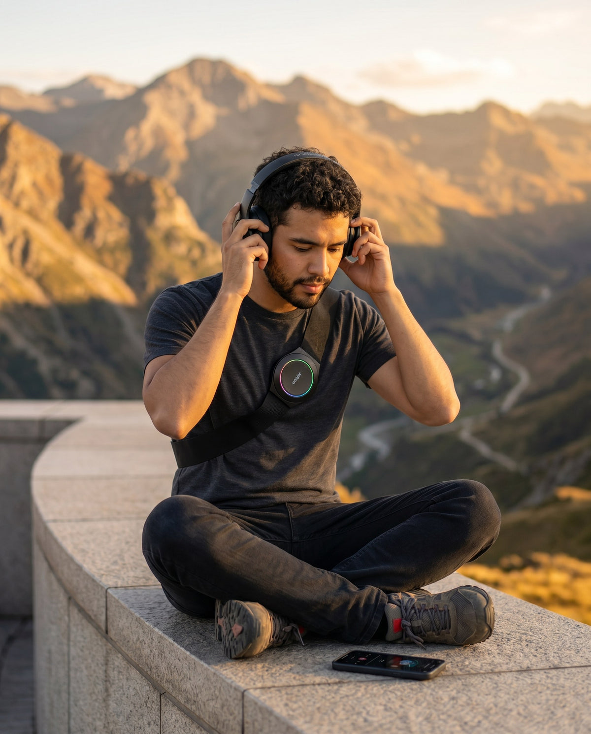 A man sitting on a stone ledge in the mountains with headphones and a Woojer Strap