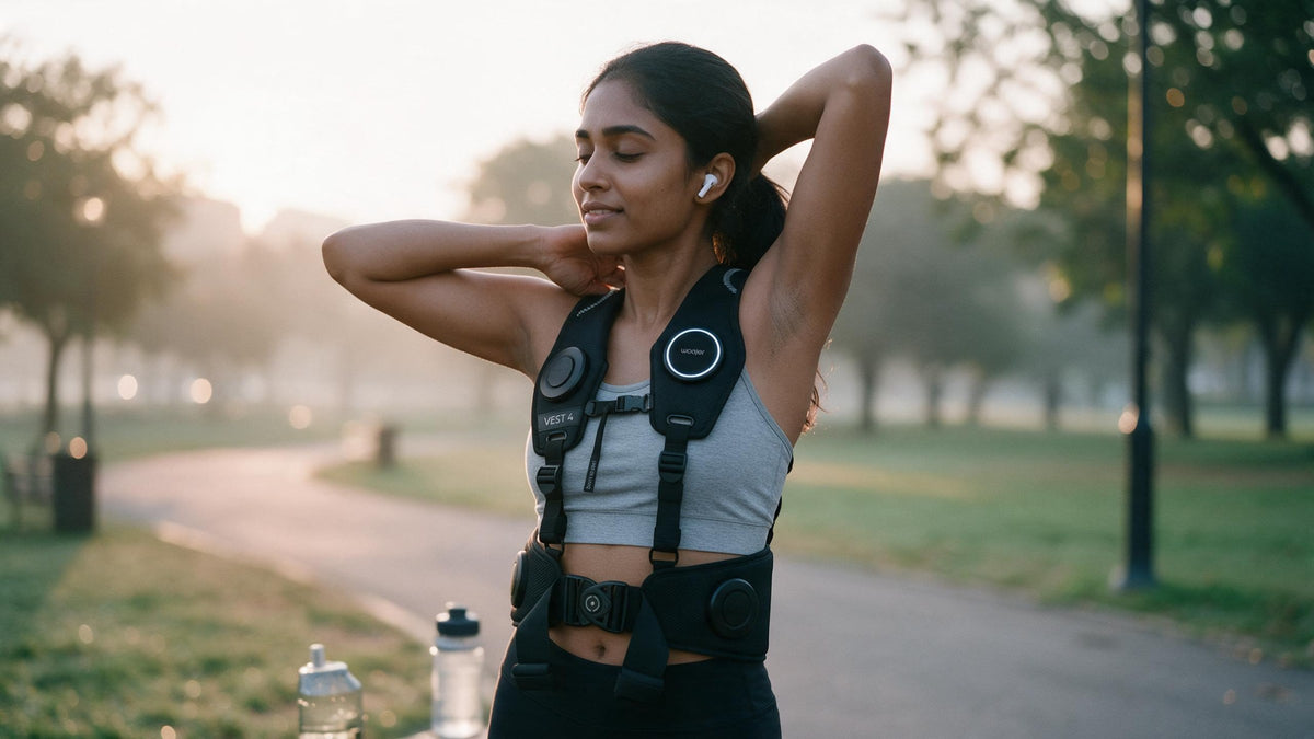 A runner stretching in a park after a run, wearing the Woojer Vest